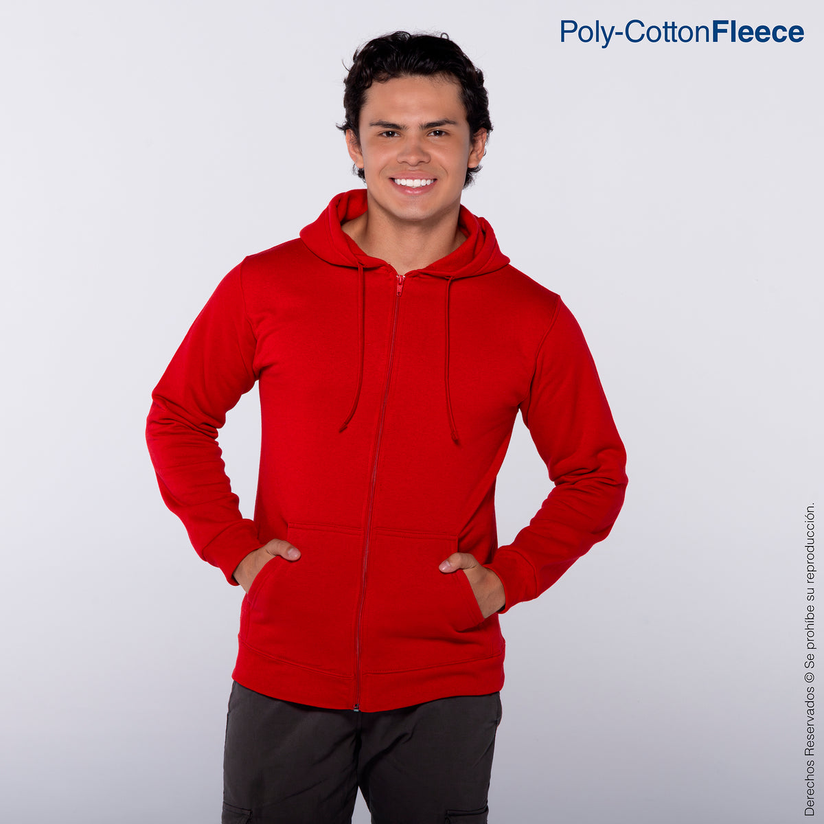 Sudadera con Capucha, Cangurera y Cierre Unisex Joven/Niño · 50% Algodón  50% Poliéster · Color Rojo