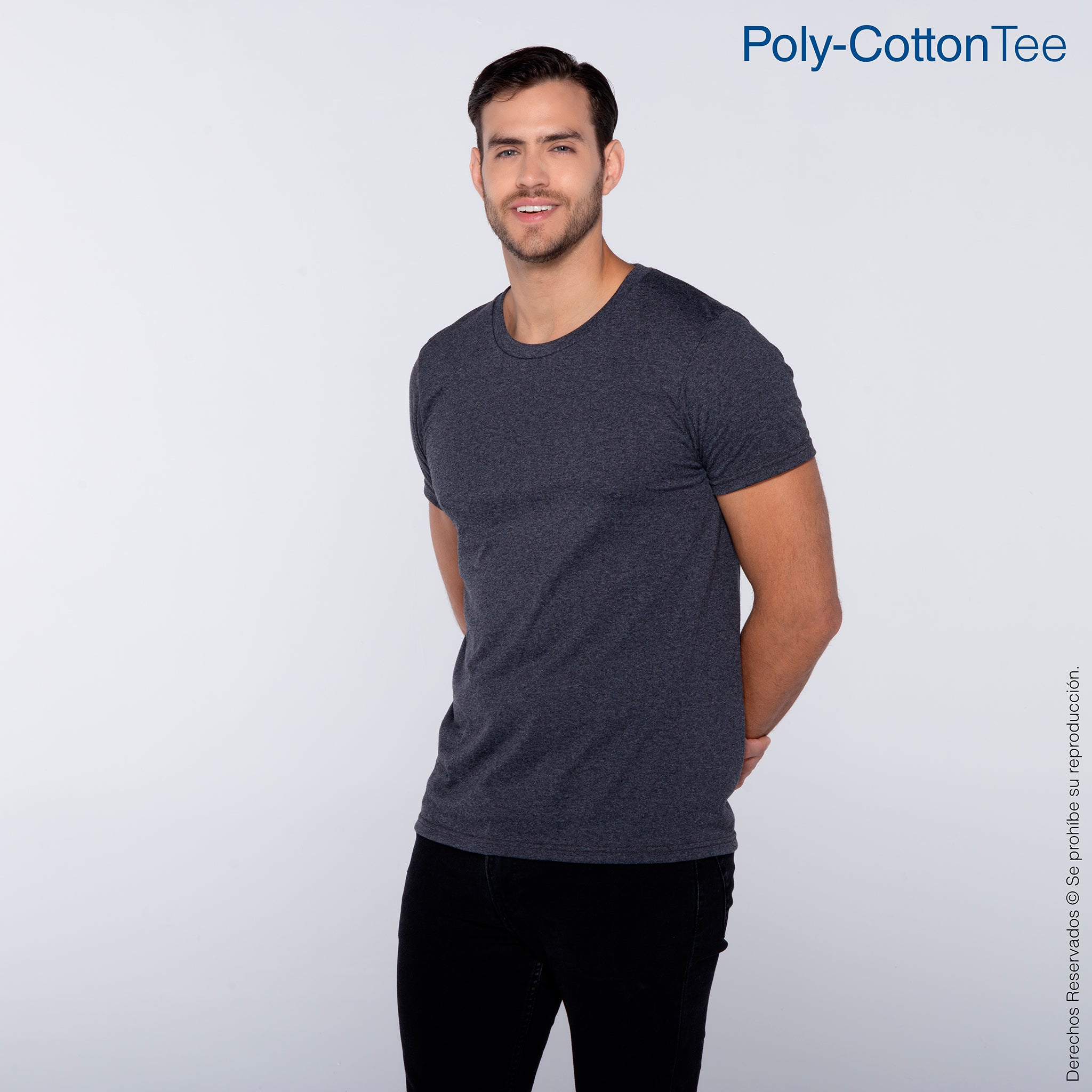 Playera Cuello Redondo Manga Corta para Caballero · 50% Algodón 50%  Poliéster · Color Negro Jaspe