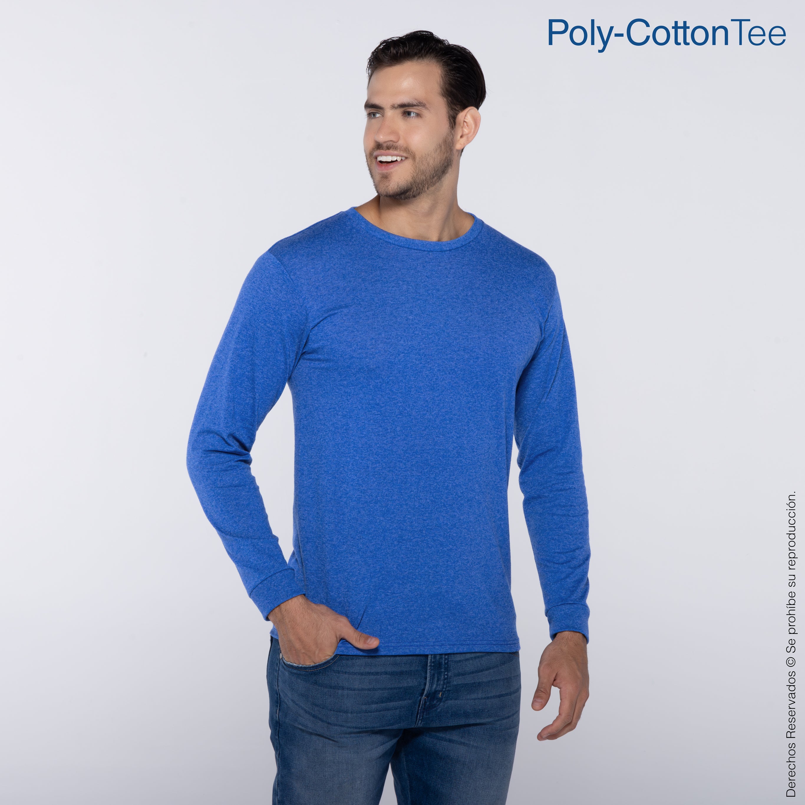 Playera Cuello Redondo Manga Larga para Caballero · 50% Algodón 50%  Poliéster · Color Royal Jaspe