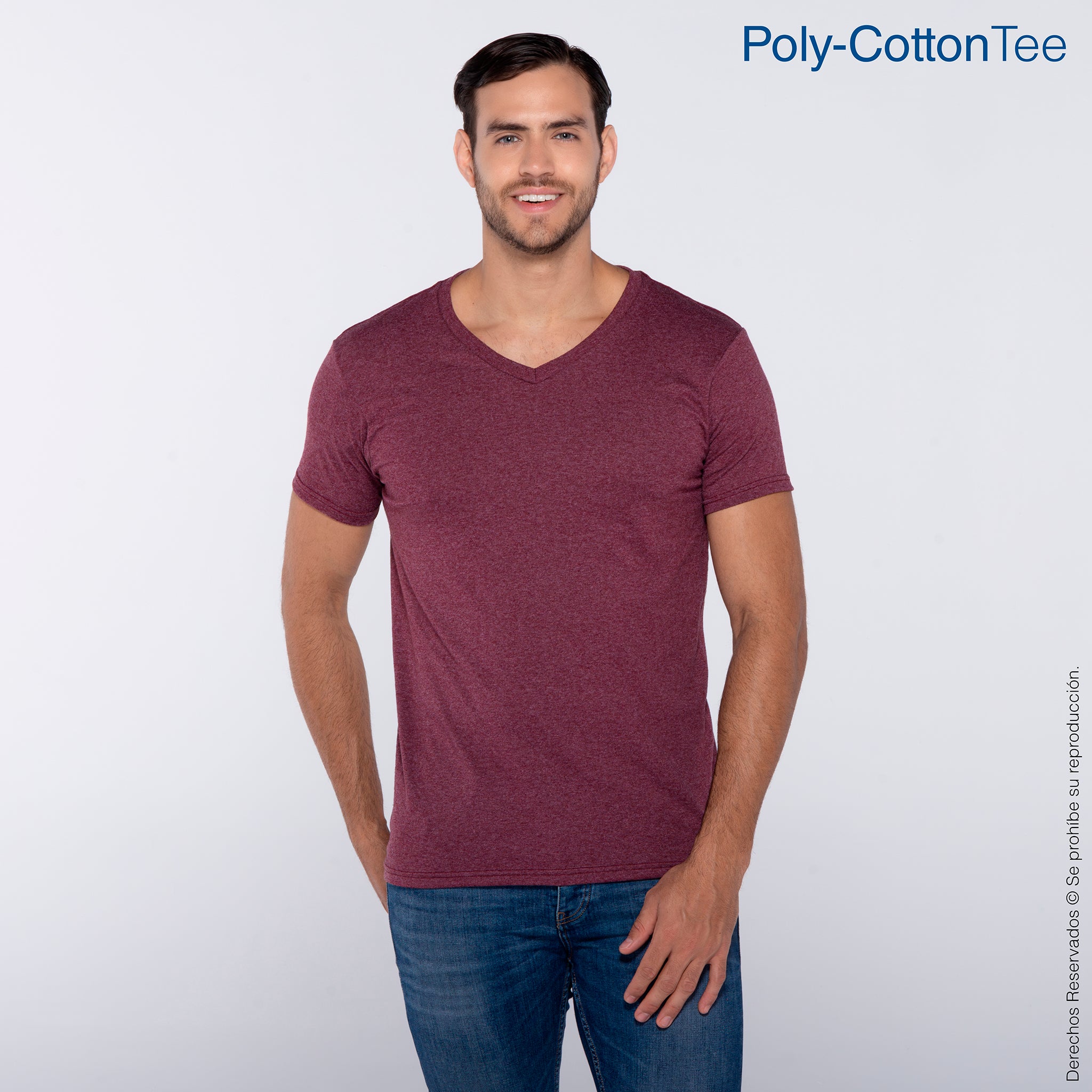 Playera Cuello V Manga Corta para Caballero · 50% Algodón 50% Poliéster · Color Marrón Jaspe