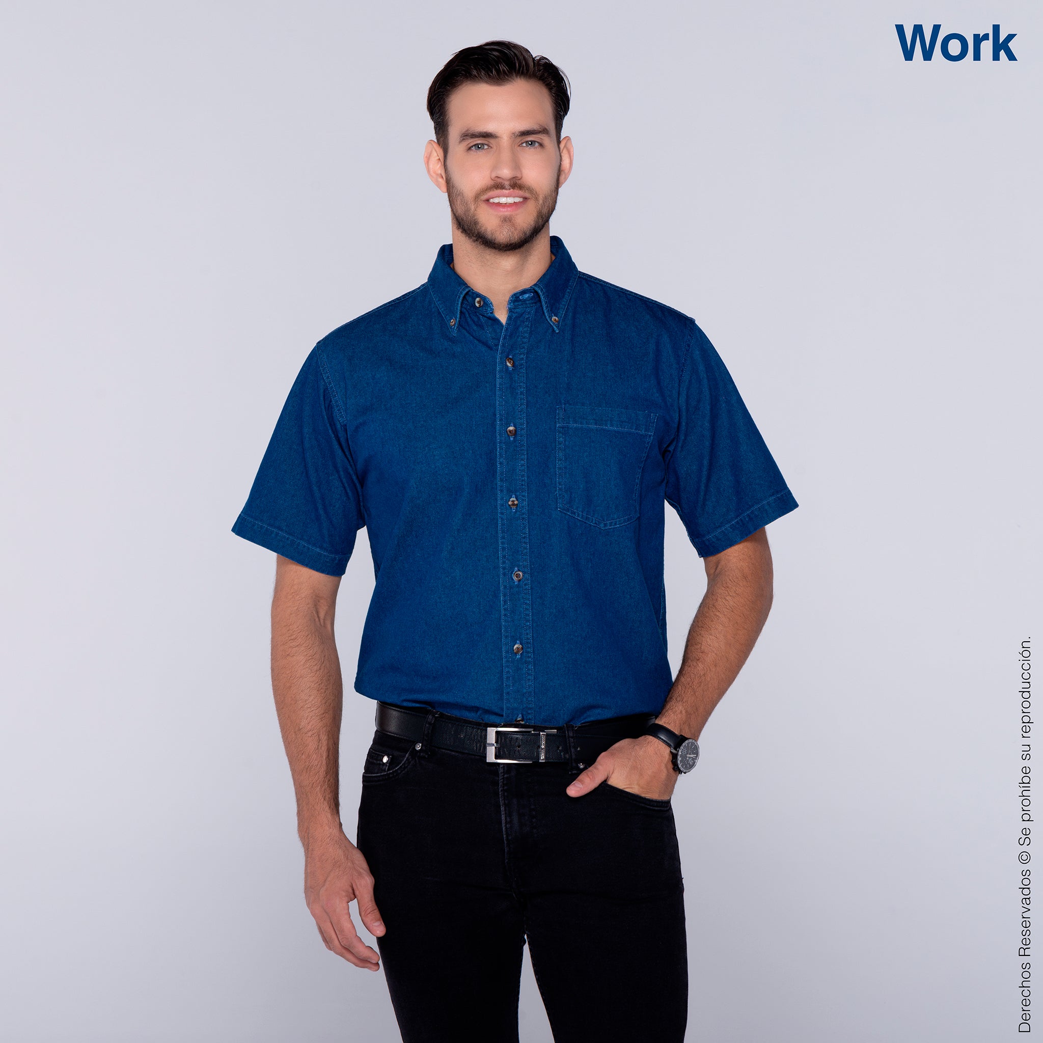 Camisa de Mezclilla Manga Corta para Caballero · 100% Algodón